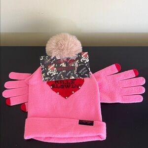 Ed Hardy beanie and glove set features a pink design with  "Love Kills Slowly”